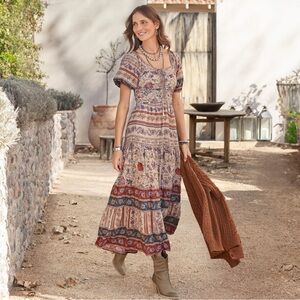 Sundance Bohemian Prairie Multicolor Plaza Print Dress Floral Tiered Dress Sz S